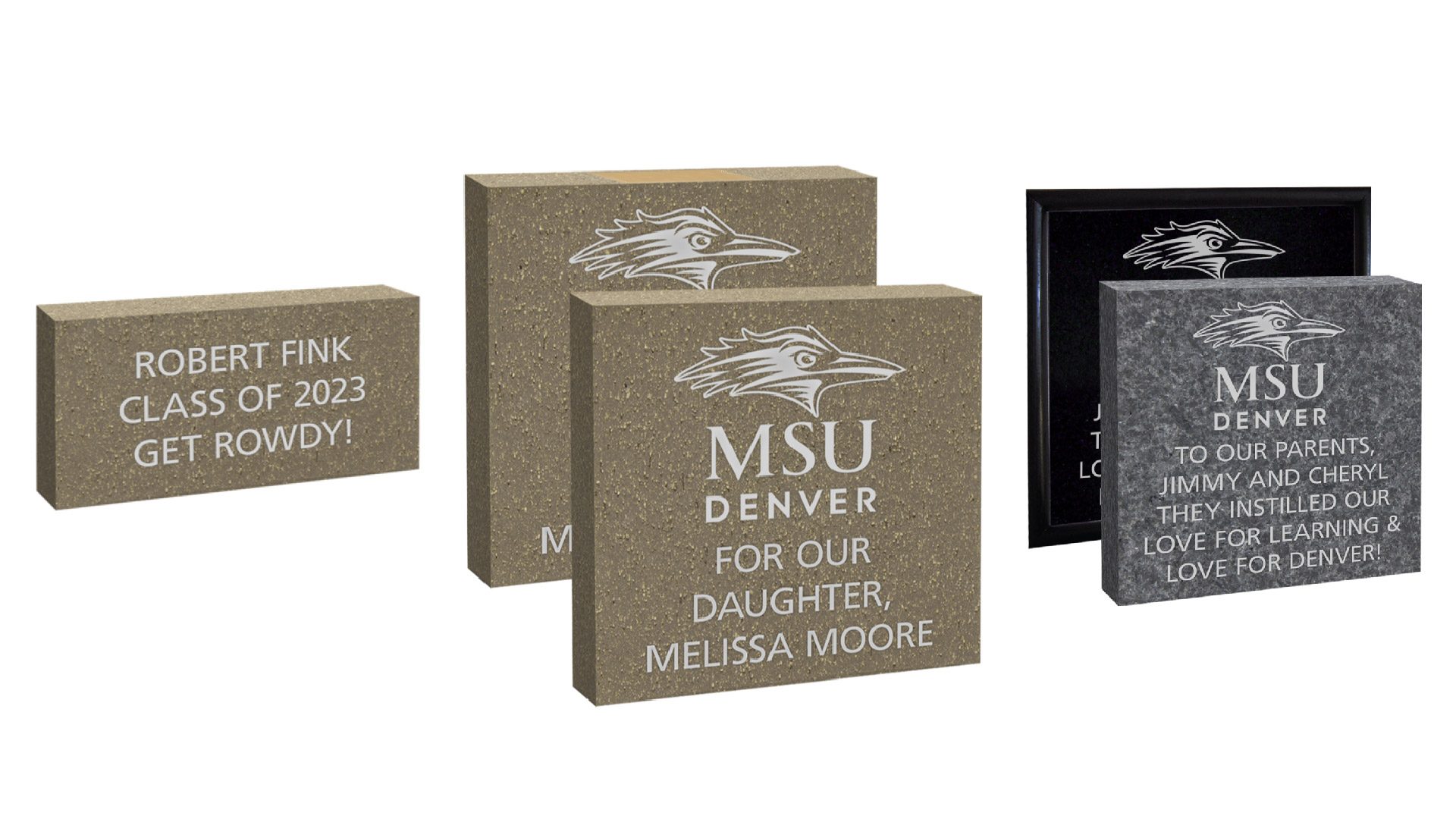 MSU Denver Roadrunners Rise campaign bricks. Two square options and one rectangle. The square options include the MSU Denver logo. All options include personalized text.