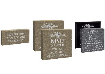 MSU Denver Roadrunners Rise campaign bricks. Two square options and one rectangle. The square options include the MSU Denver logo. All options include personalized text.