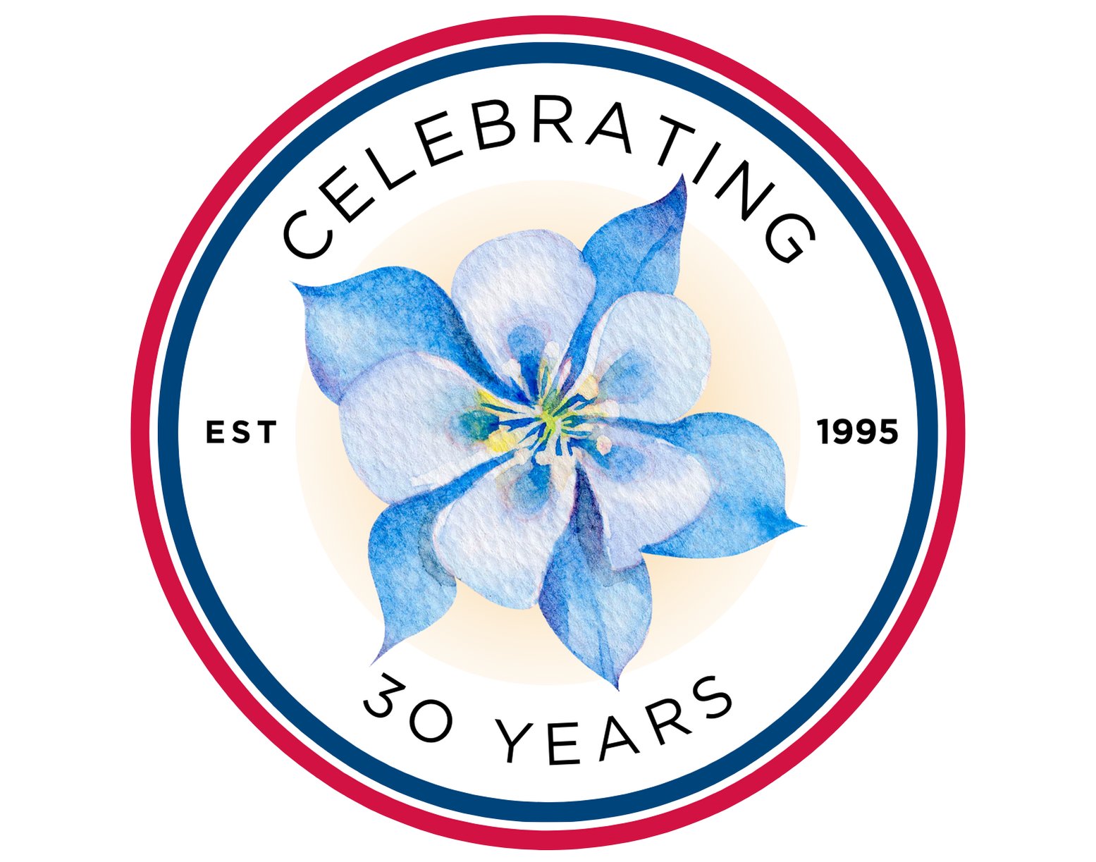 CCWSC 30 year logo, circle with columbine flower in the middle.