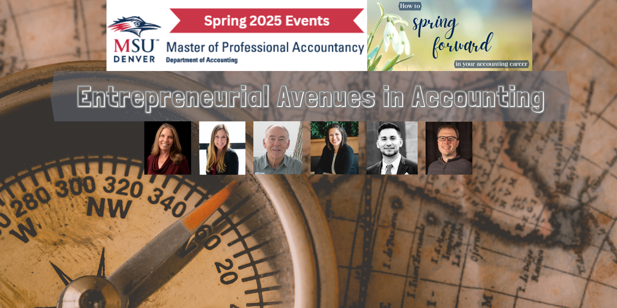 Background image of a brown parchment map with a compass in the bottom right with 6 speaker headshots on top and the event title outlined in white -
