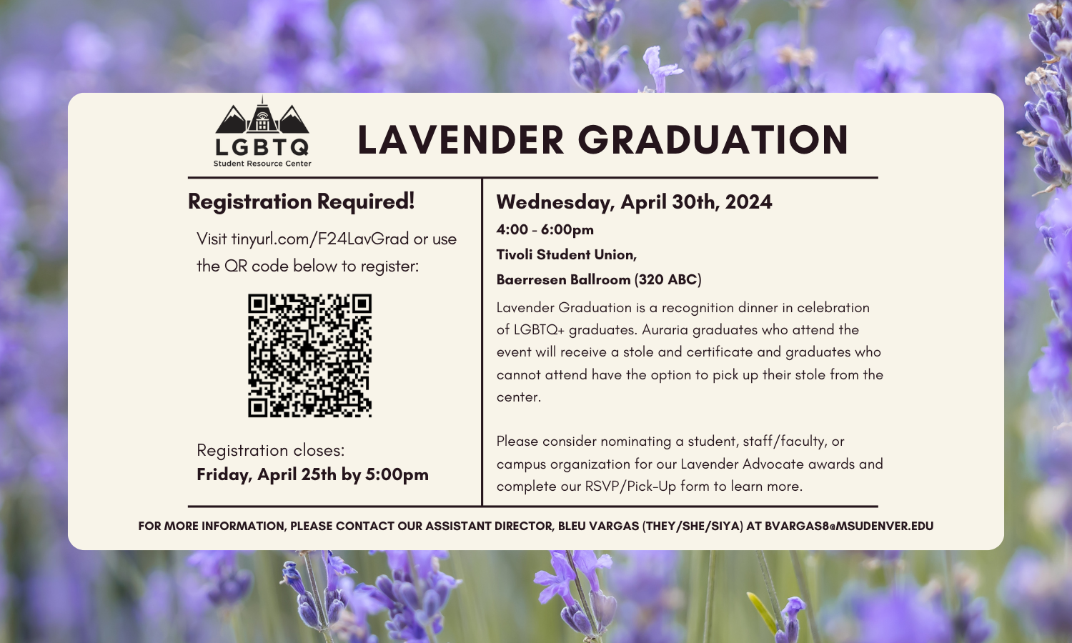 a flyer with details about the spring 2025 lavender graduation celebration on a cream overlay and an out of focus lavender flowers background