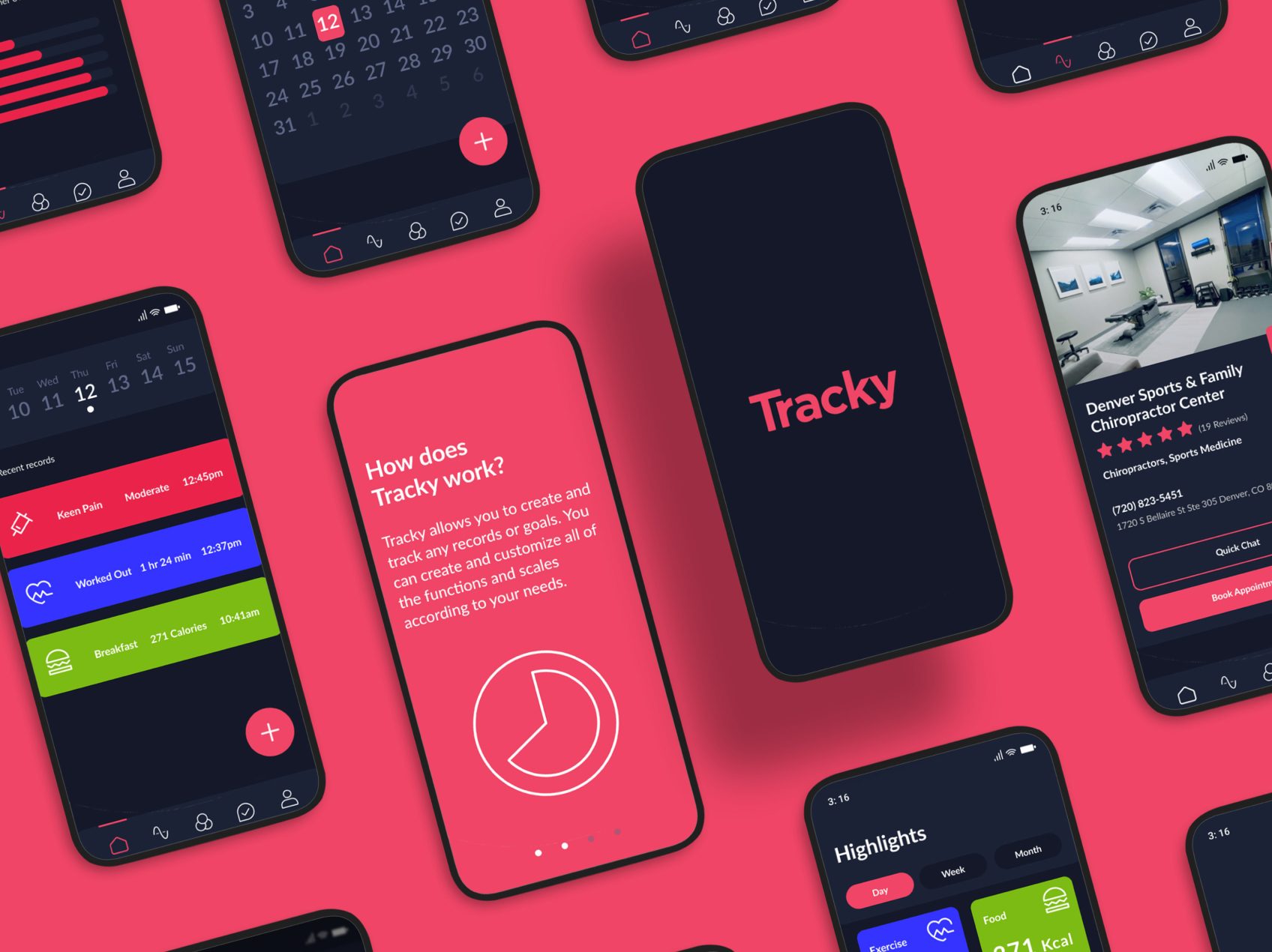 Screen shots from the Tracky app user interface.