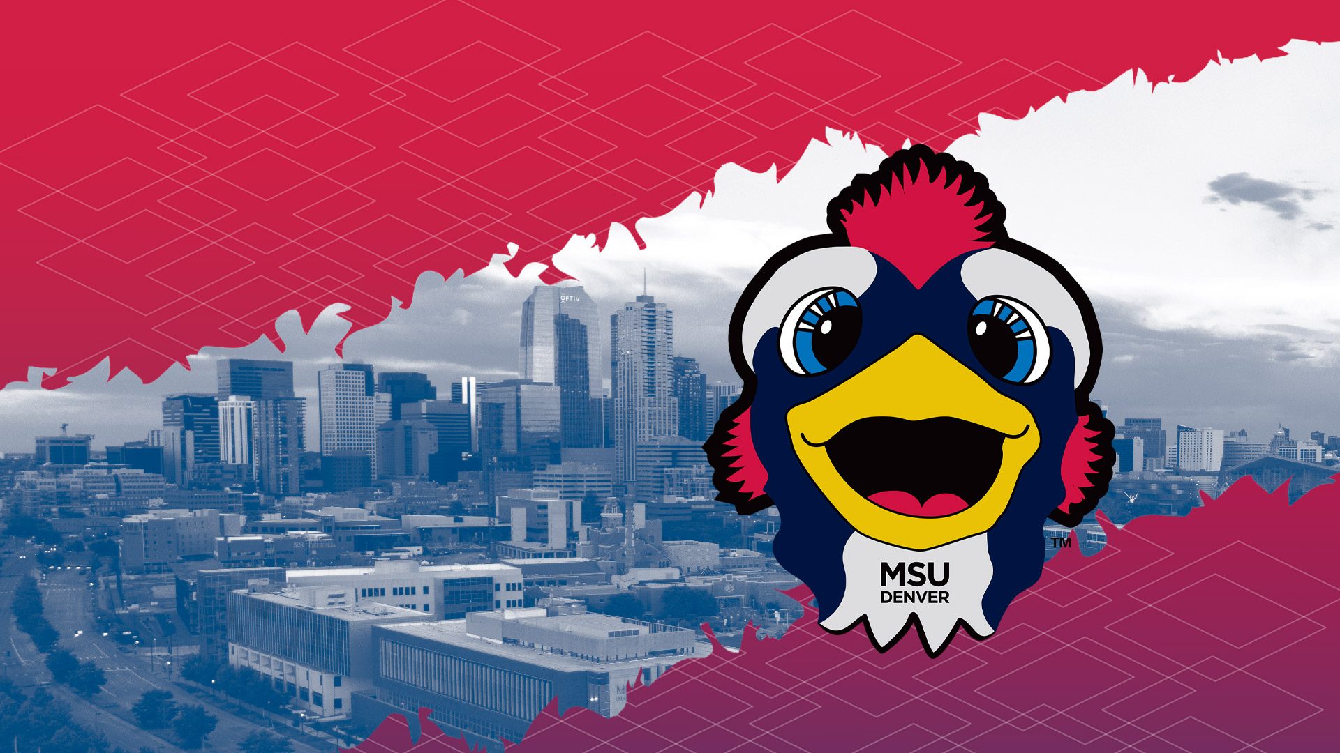 Image of Rowdy's head and a Denver skyline in the background