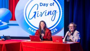 MSU Denver Day of Giving Telethon hosts Brandi Rideout and Jamie Hurst smiling during the 2025 telethon