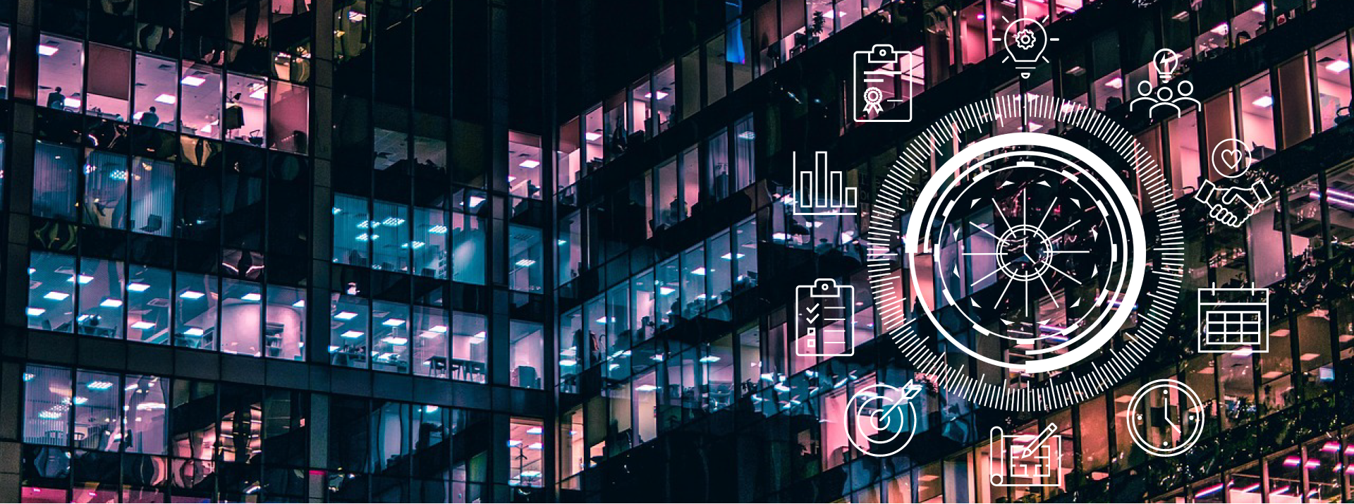 Background of lighted windows of a building; overlay with a circle with a clock in the middle surrounded by project management related icons - lightbulb (ideas), group of people with lightbulb (teamwork), shaking hands with a heart (empathy), calendar (schedule), clock (timing), blueprint (planning), target (milestones), clipboard (management), graph (statistics), clipboard with winning ribbon (testing)