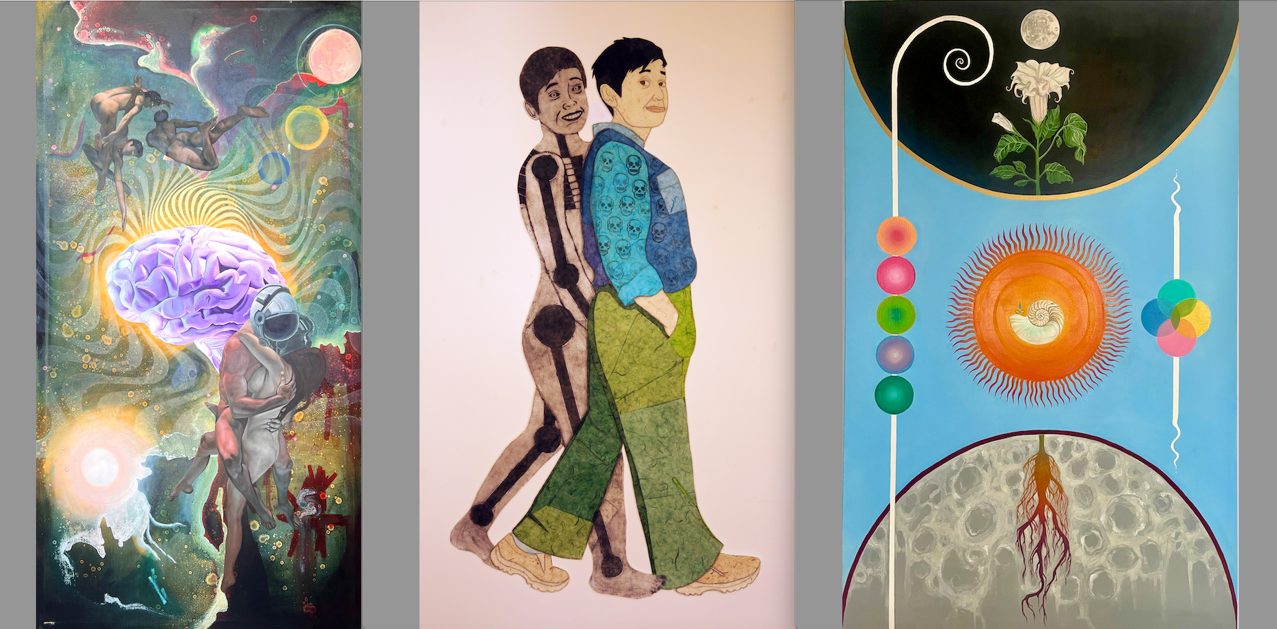Three distinct paintings of people, plants, and animals arranged on a wall, highlighting artistic expression and creativity.