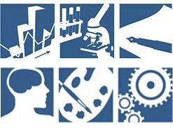 Image with 6 panels representing research: a graph, a microscope, pen and paper, a brain, and art pallet, and cogs.