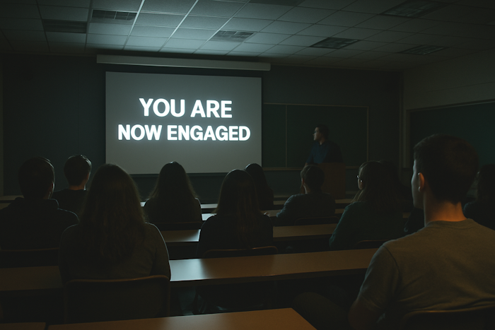 a dark classroom with students facing forward to a projector screen that reads You Are Now Engaged