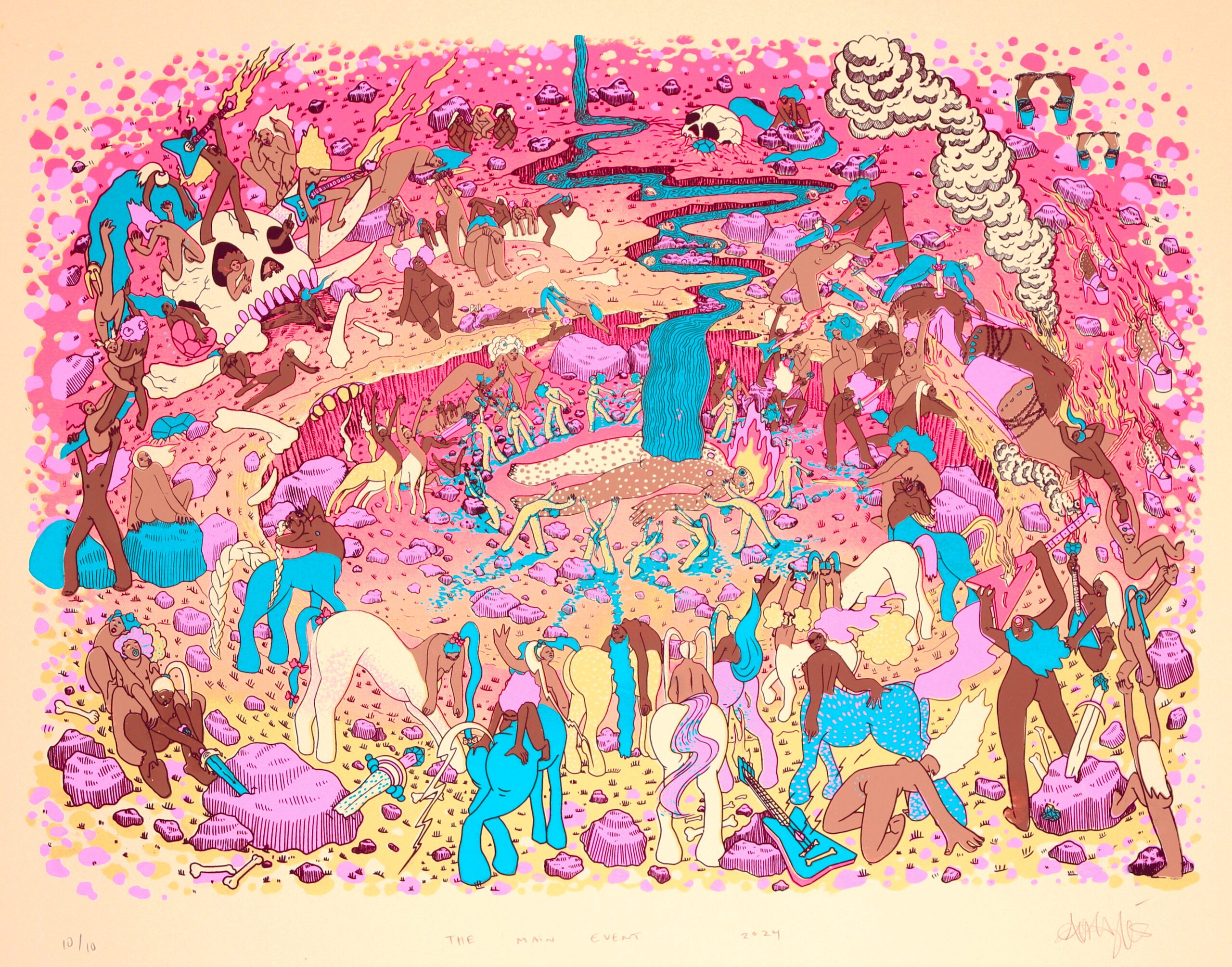 A colorful, surreal scene with numerous human and animal figures engaging in various activities on pink, blue, and tan terrain, featuring flowing water, smoke, and abstract shapes.