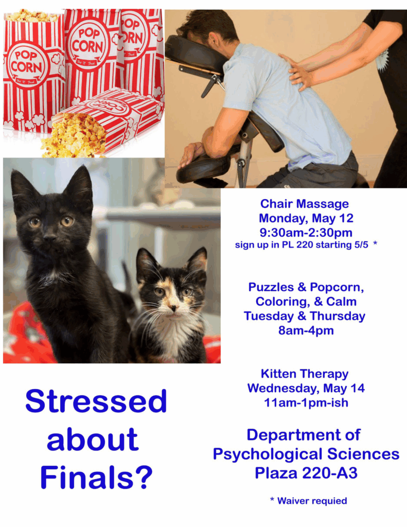 De-stress event poster with kittens, popcorn, and massage.