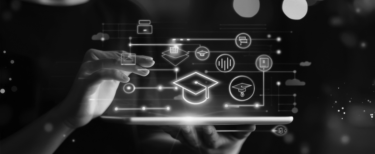 Decorative: Graphic of various technology symbols and icons superimposed over a picture of a person's hands.