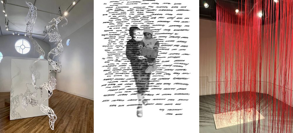 Works by Italu Ramos Hernandez. 1: Alien sculpture suspended from ceiling in Emmanuel Gallery. 2. Work about othering of immigrant experience showing photo of a faceless parent holding a young child. 3. Thousands of red yarn strings suspended from ceiling to floor.