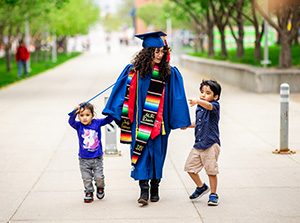 MSU Denver graduating Senior, Jaclyn Gutierrez, went back to school to get a degree to help her son, Phillip, 5, with his autism diagnosis. Campus. Photo by Alyson McClaran