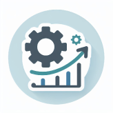 Icon representing 'process improvement' that has two gears and a curved upward arrow that follows the upward trend of a bar graph