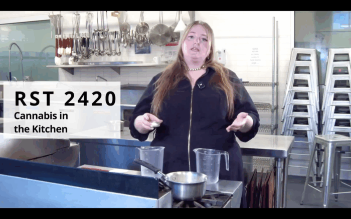 Shannon Donnelly giving a lecture in a kitchen for RST 2420: Cannabis in the Kitchen