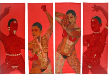 Four red paintings in a line, each depicts a female figure who appears to dance.