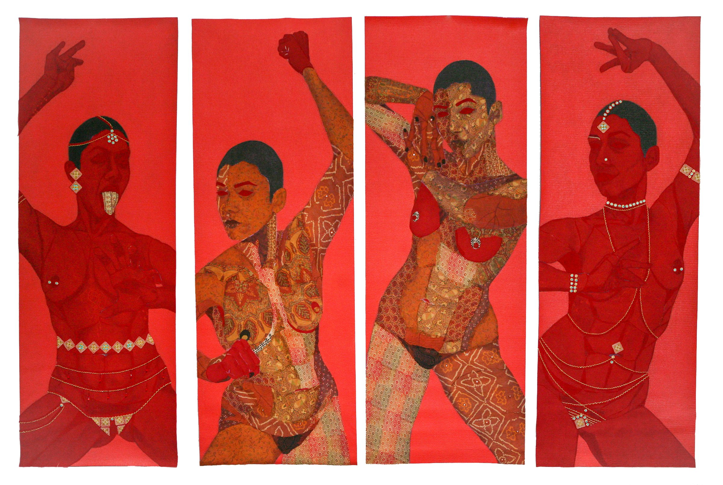 Four red paintings in a line, each depicts a female figure who appears to dance.