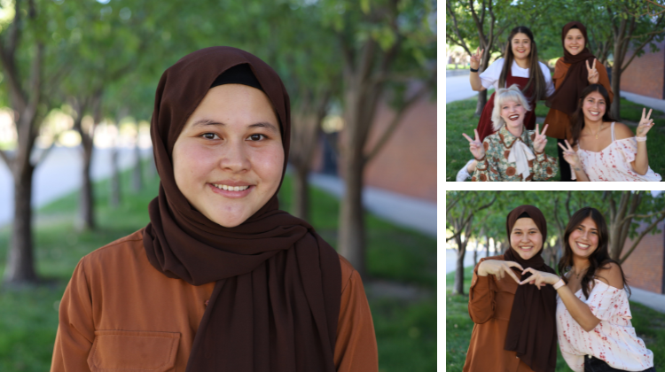 collage of Shrukia Galzar from left to right: headshot of Shukria, top right: Shukria and her teammates from Girls Who Code posing with peace signs. Bottom right: Shukria and teammate posing making a heart with their hands.