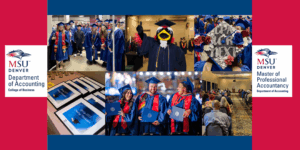banner image for accounting departmen blog post with red and blue border, Department of accounting logo, MPAcc logo, and collage of 6 photos of undergraduates in regalia at graduation, Rowdy in regalia, a decorated grad cap with 