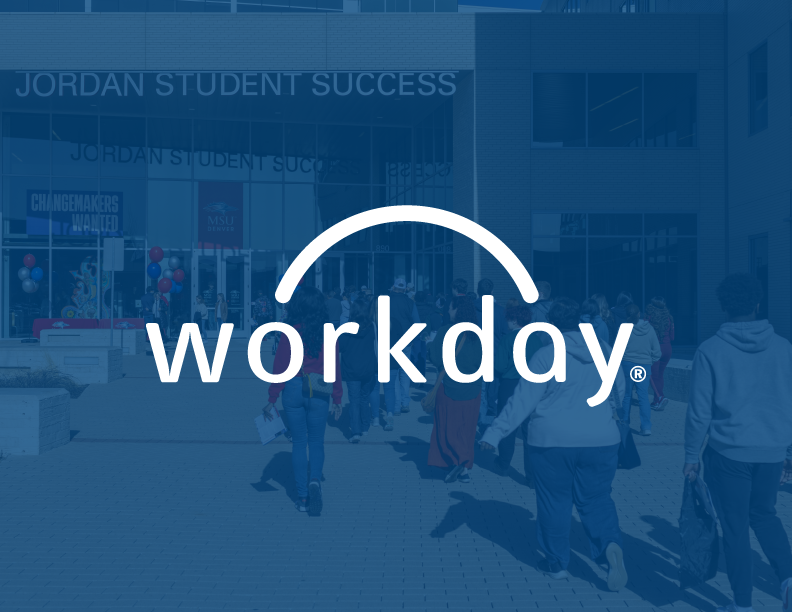 Background with students walking into the Jordan Student Success Building with the Workday logo overlayed