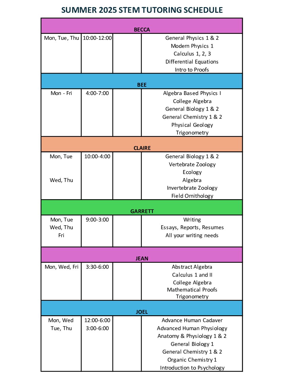 2025 Summer Tutoring Schedule