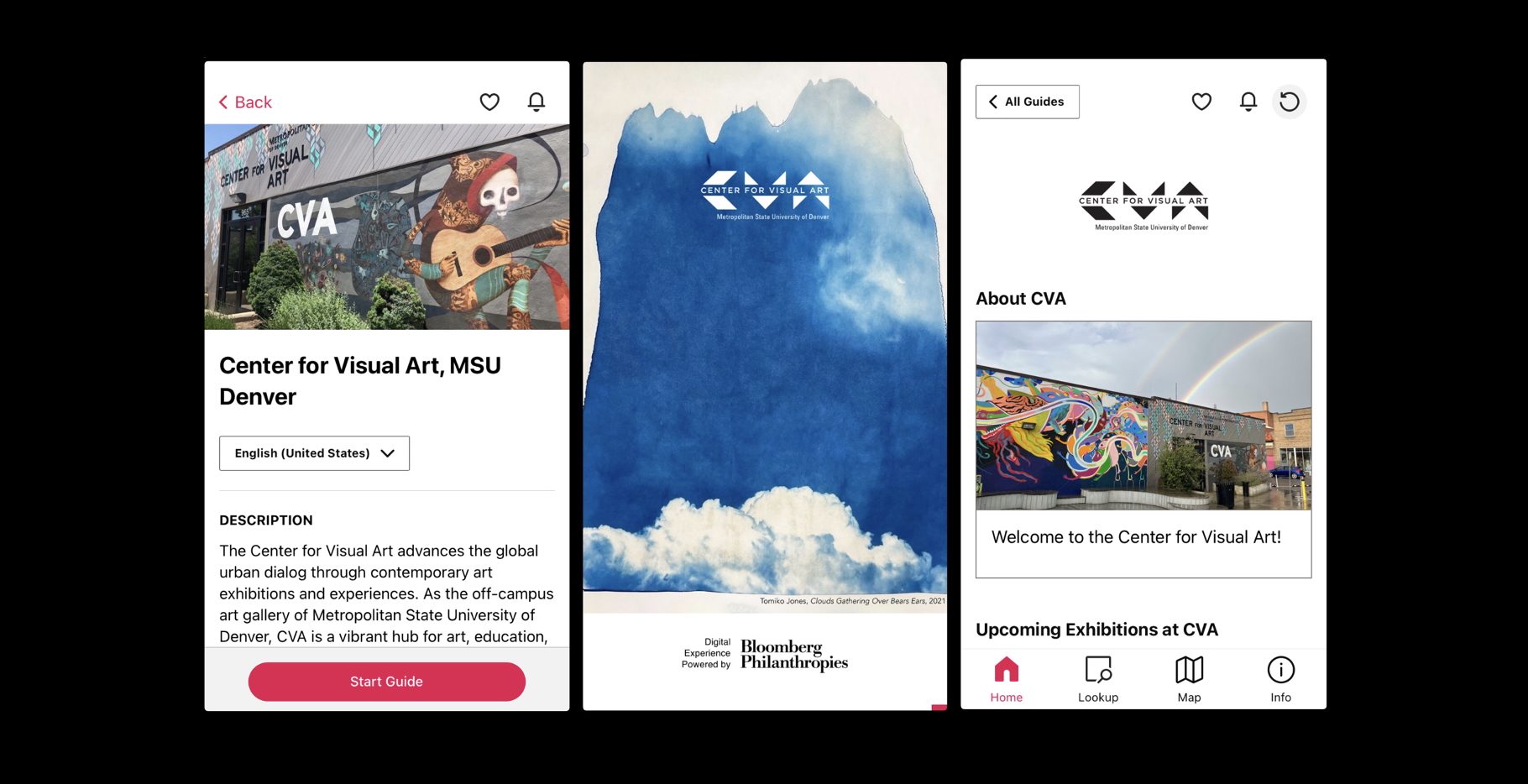 Three-panel image featuring CVA building with murals, an artwork titled 