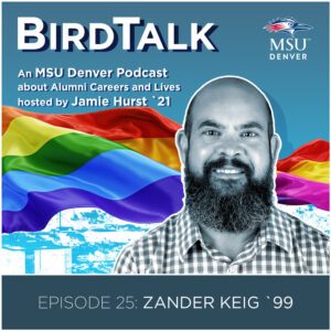 Graphic for Episode 25 of the BirdTalk podcast featuring Zander Keig. The image shows his black and white picture in front of a black and white Denver skyline with a blue sky.