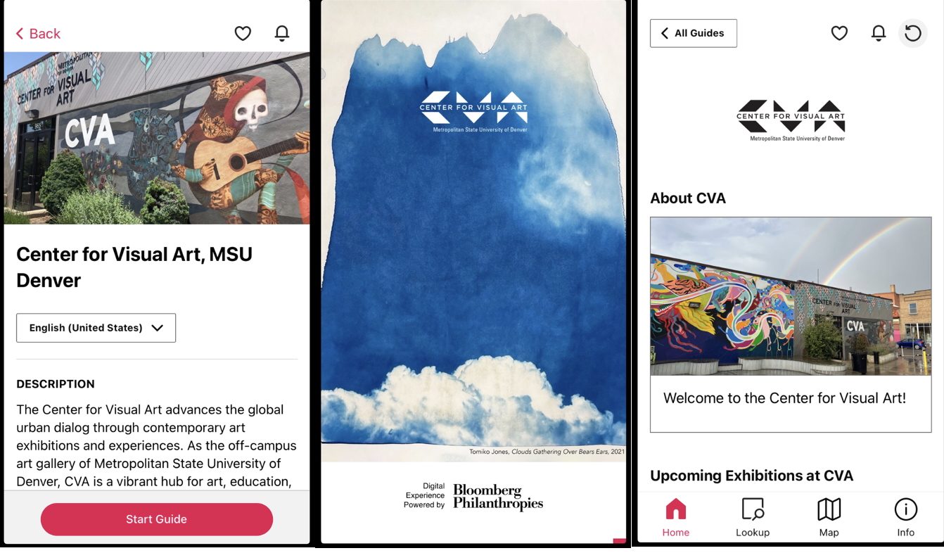 Three-panel image featuring CVA building with murals, an artwork titled 