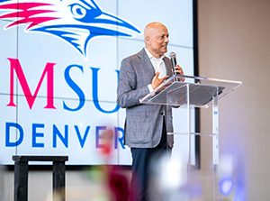 MSU Denver Marathon Award winner Navin Dimond speaks at the award ceremony.