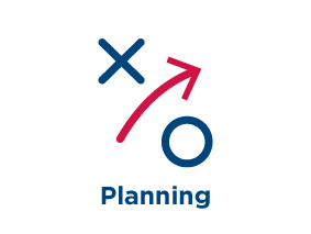 Icon with an X and O with a curved upward-facing arrow between them with the word Planning