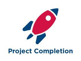 Icon with a rocket and the words Project Completion