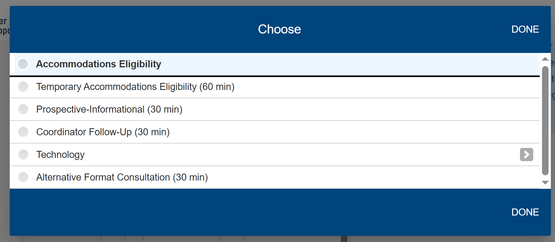 List of appointment types: Accommodations Eligibility, Temporary Accommodations Eligibility (60 min), Prospective-Informational (30 min), Coordinator Follow-Up (30 min), Technology, and Alternative Format Consultation (30 min).