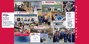 red background with a collage of 15 photos in between the MSU Denver Department of accounting logo and 