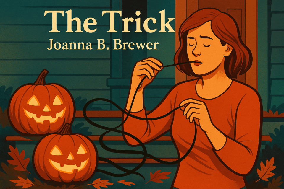 Illustration of a middle-aged woman pulling a single black hair strand from her mouth as it peels back wooden porch siding and wraps around two jack-o′-lanterns; across the top in cream serif text are the words “The Trick” and below, “Joanna B. Brewer.”