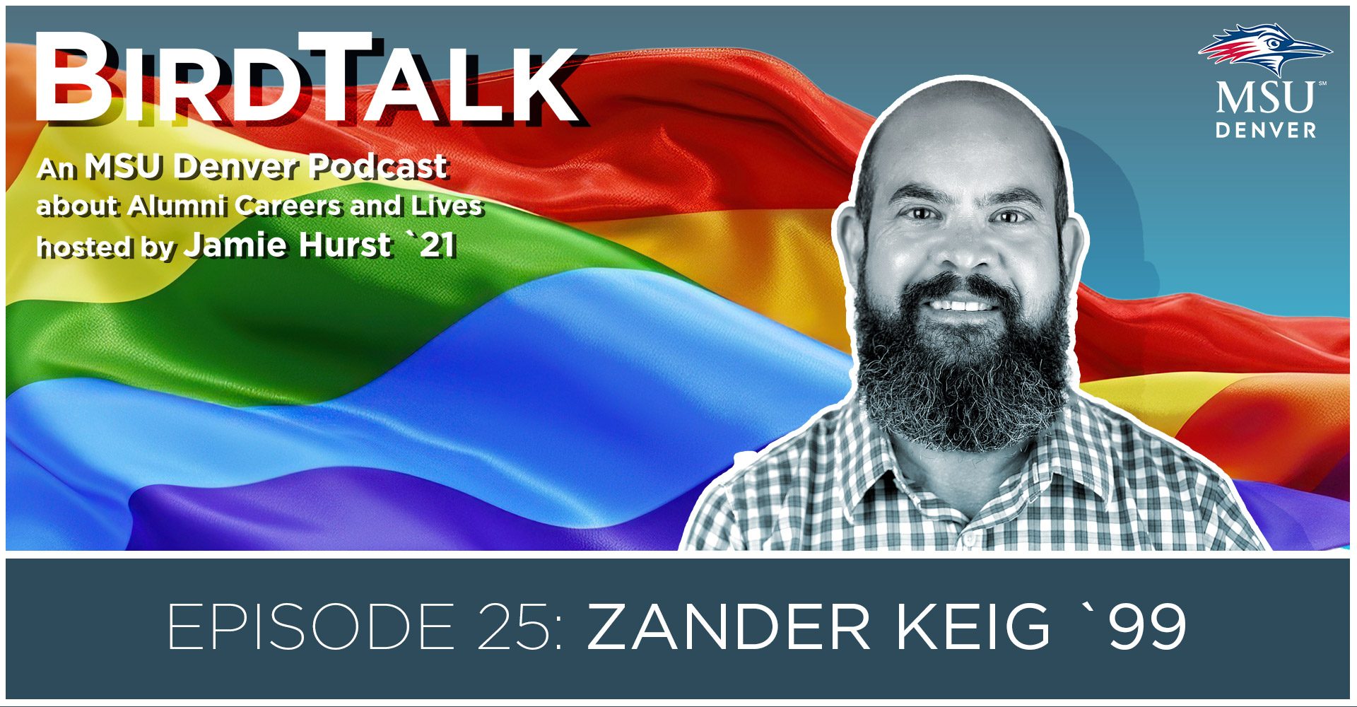 Graphic for Episode 25 of the BirdTalk podcast featuring Zander Keig. The image shows his black and white picture in front of a black and white Denver skyline with a blue sky.
