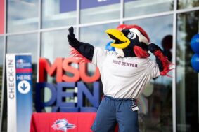 Rowdy the mascot, welcomes future students