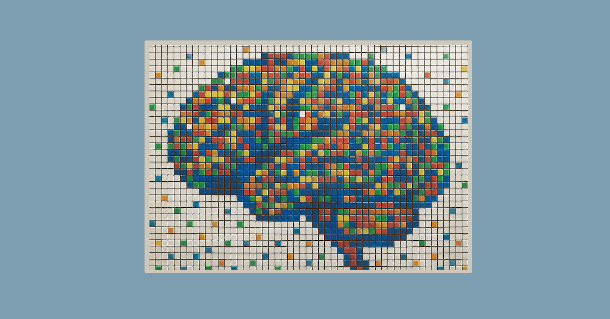 Mosaic of brain made from Rubics cube faces.