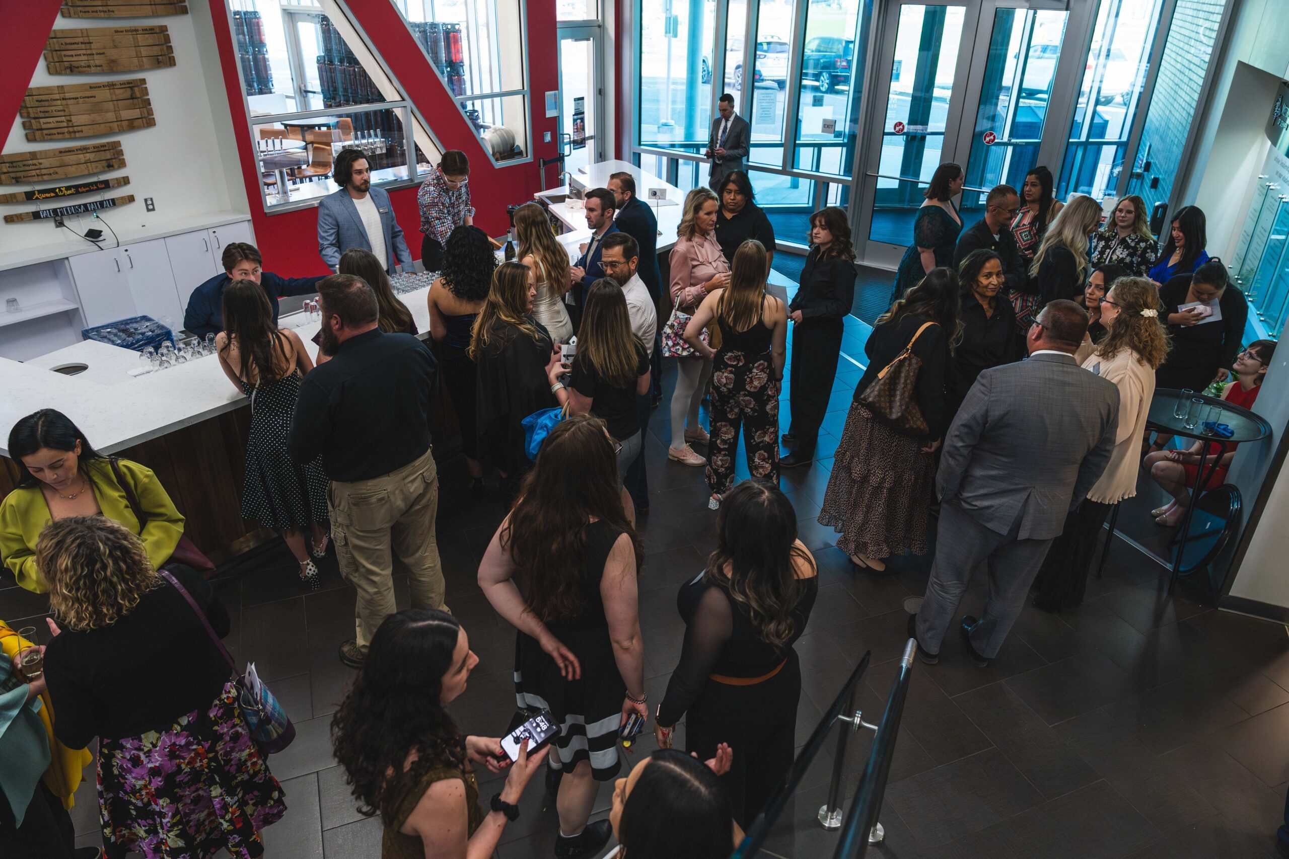Group of people at an event in hotel lobby