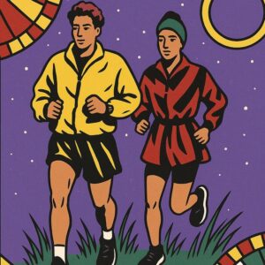 Illustration of two runners on grass under a starry sky, framed by colorful, folk art-style patterns.