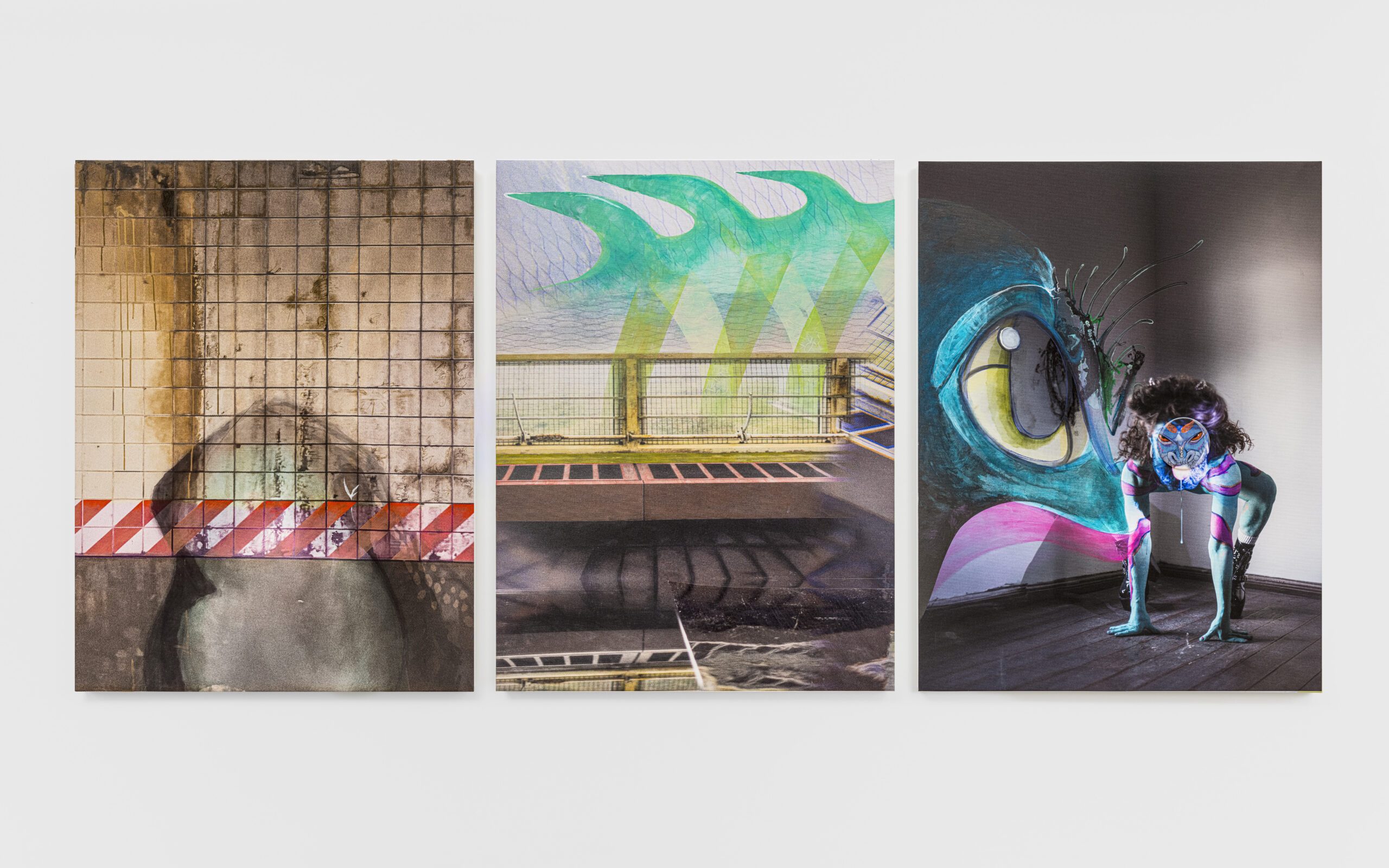 Three-part artwork featuring a tiled wall, abstract railing with green waves, and a colorful crouched figure.