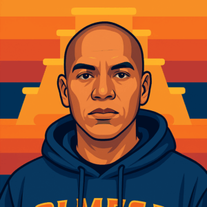 Stylized illustration of Olmeca, a bald Latino man wearing a blue hoodie with yellow lettering, standing in front of a vibrant background featuring abstract Mesoamerican pyramid shapes in orange, red, and blue tones.