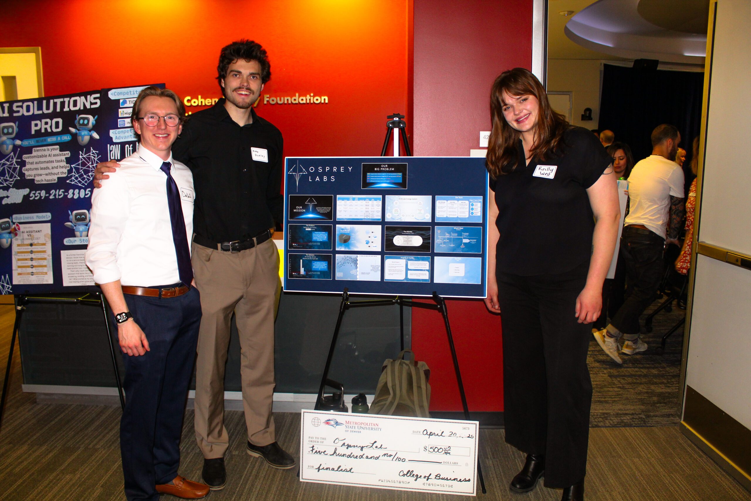 Poster and 3 students for Pitch and Poster Competition.