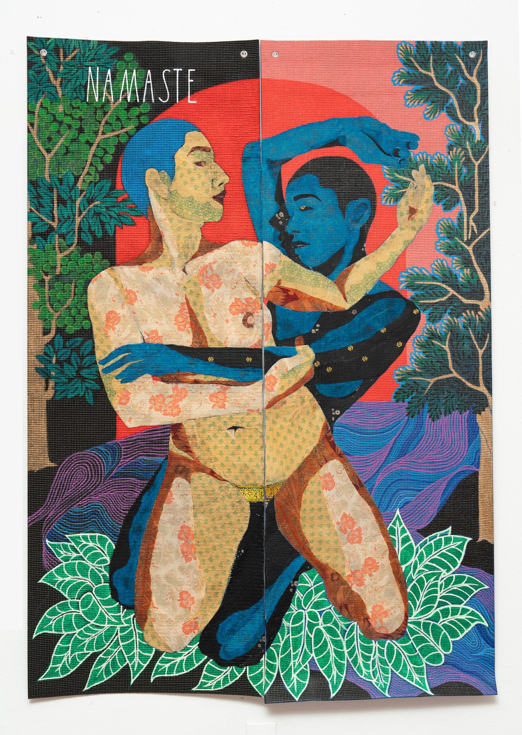 Two intricately patterned individuals embracing in front of a red circle, surrounded by green foliage.