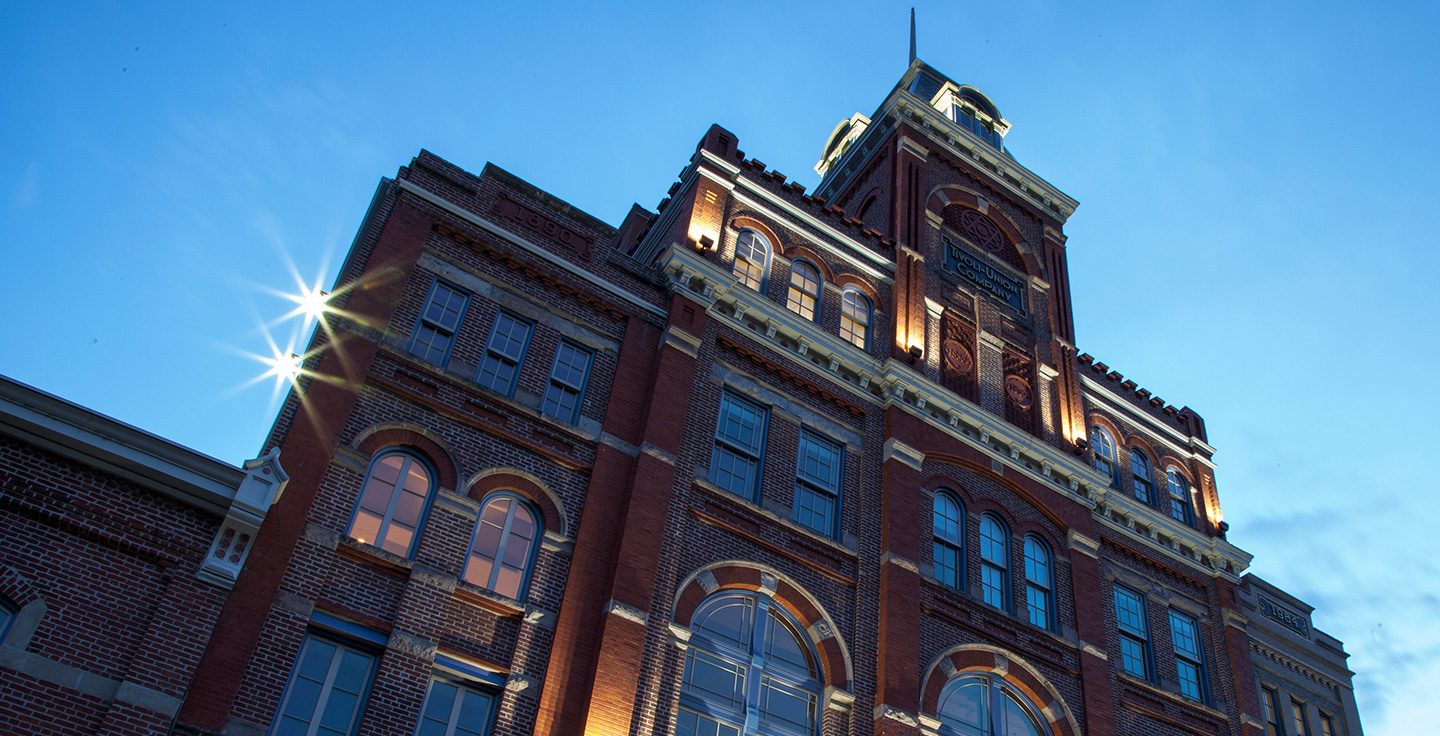 An image of the Tivoli Student Union at dusk
