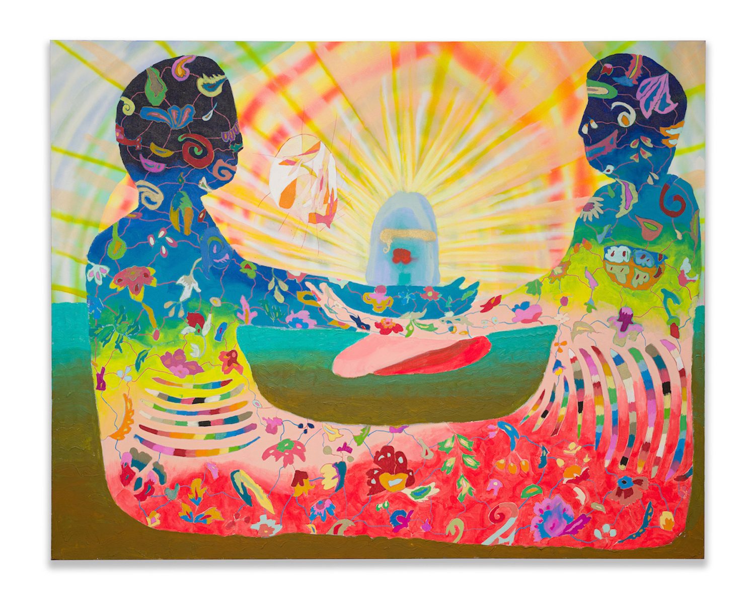 Two abstract human figures with colorful patterns seated opposite each other, with a radiating sun in the background and floral designs throughout.