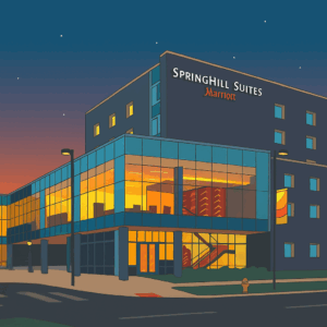 Illustrated view of the SpringHill Suites by Marriott near Ball Arena in Denver at dusk, featuring a modern glass and brick exterior, glowing interior lights, and a vibrant sunset sky with stars beginning to appear.