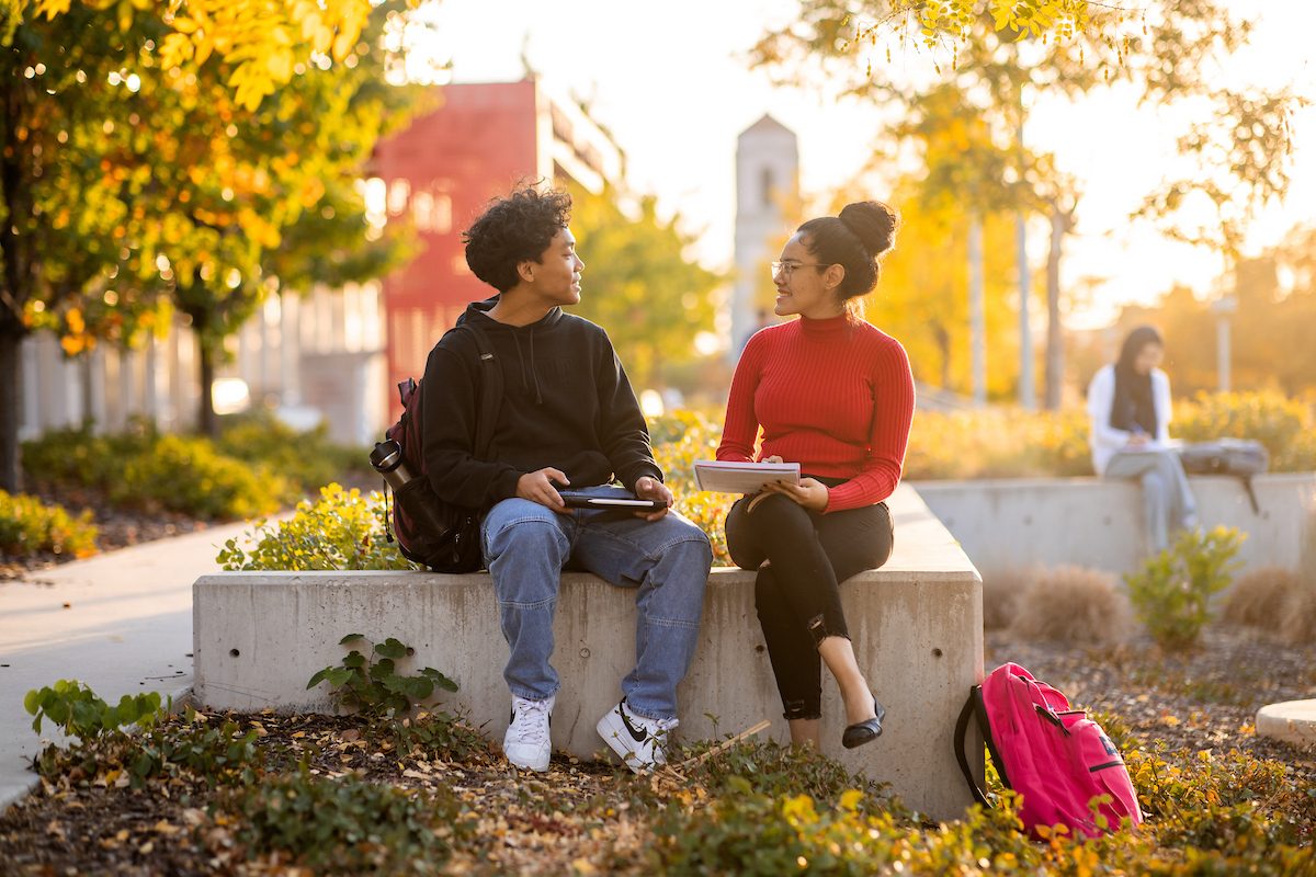 Two MSU Denver students sitting on a rock in the park studying