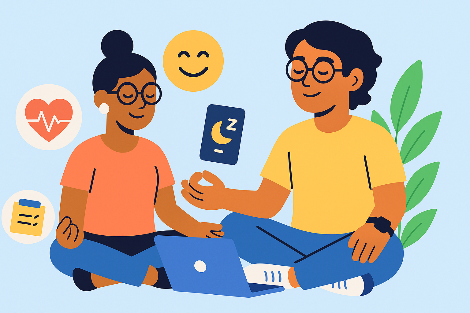 AI-generated image of two students sitting in meditative poses with digital iconography around them