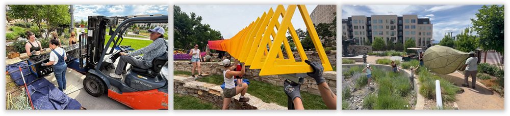 3 images in a row show details of the student-made sculptures. Image 1: Interns use a front lift to move a metal retangular cube into place. Image 2: Interns place a series of rainbow painted geometric wood shapes. Image 3: At a distance you can see the giant light green chrysalis being moved to its new home in the MOA garden.