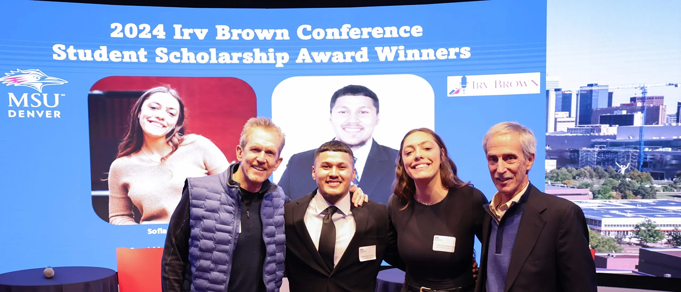 L to R: Mark McIntosh of the Irv Bround Endowment fund; scholarship winners Rene Dominguez and Sofia Nazarenus; Jim Epstein, executive director of Write on Sports. Photo: Andrew Schlichting